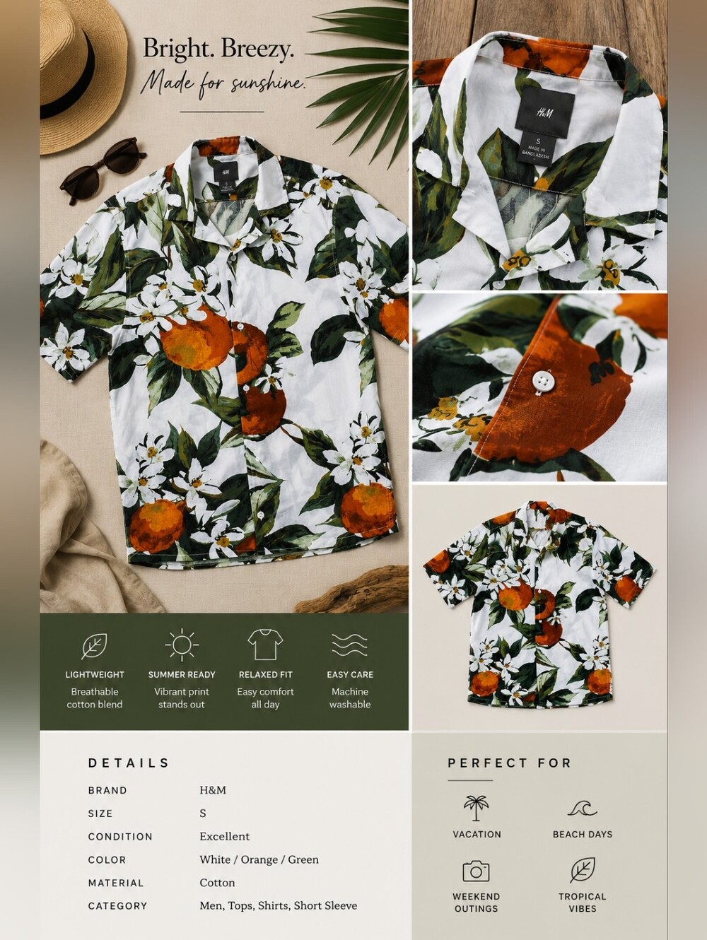 H&M Orange Blossom Tropical Button Up Shirt Men's Short Sleeve Small